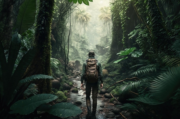 Unrecognizable man traveler with backpack in greens jungle