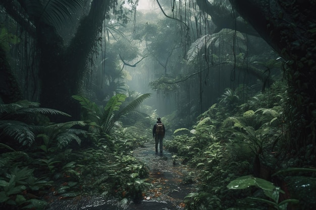 Unrecognizable man traveler with backpack in greens jungle