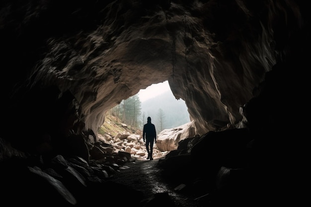 unrecognizable man Walking out of the cave