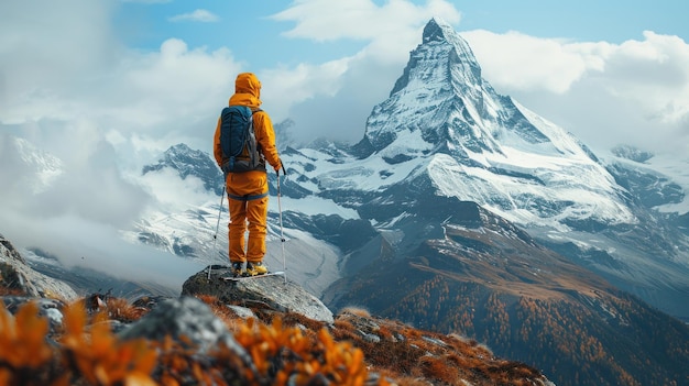 Unrecognizable Man in warm clothes skiing on snowcapped mountain in Zermatt