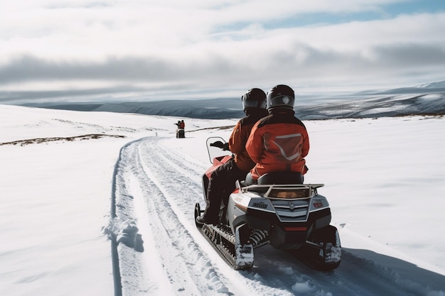 unrecognizable mother and son driving a snowmobile in colorado usa