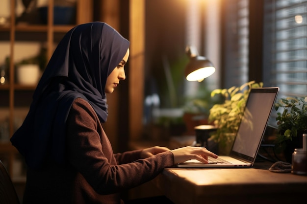 Unrecognizable muslim woman in headscarf working on laptop in office