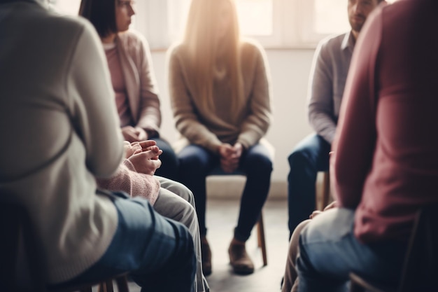 Unrecognizable people holding hands at group psychotherapy session