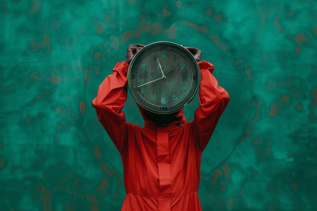 Photo unrecognizable person in red outfit hiding face behind big round clock with black dial a human in red suit with big clock standing against green background time concept copy space