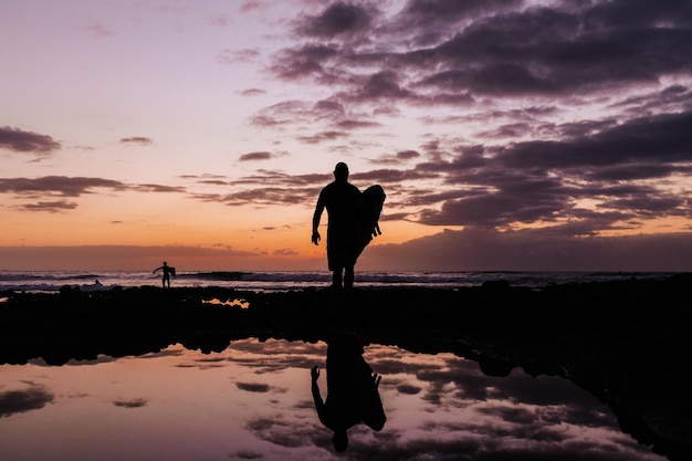 Unrecognizable surfers get out of the water during sunset or sunrise Reflection of dramatic sky