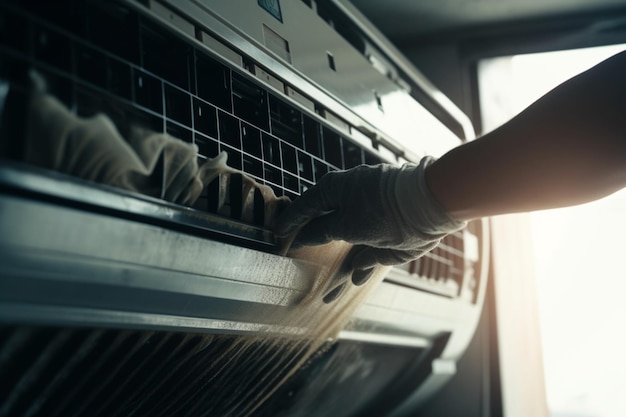 unrecognizable Technician electric cleaning home air conditioner indoors