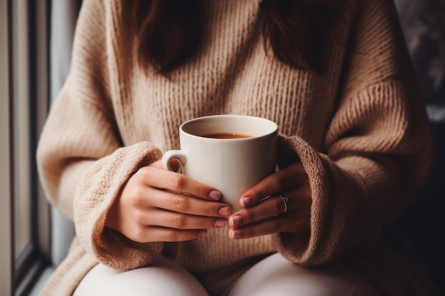 Unrecognizable woman in cozy sweater holding cup with hot coffee AI Generated