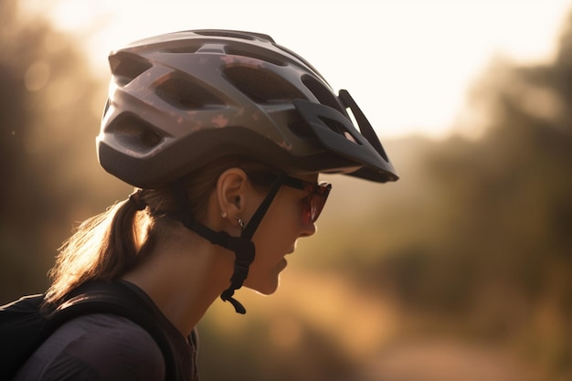 Unrecognizable woman cycling through a scenic countryside with a helmet and athletic gear