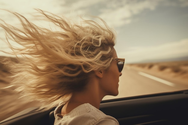 Unrecognizable woman enjoying a road trip driving a convertible with the wind in her hair