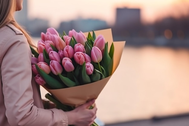 unrecognizable Woman giving a beautiful bouquet of pink tulips standing outdoors in a city