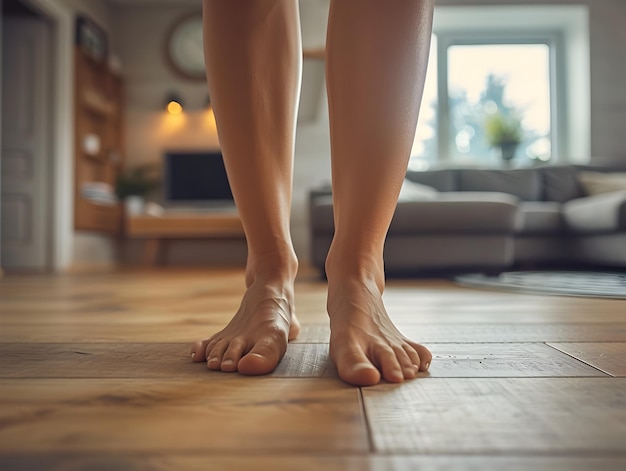 Photo unrecognizable woman s bare feet on warm wooden floor in modern scandinavian home interior