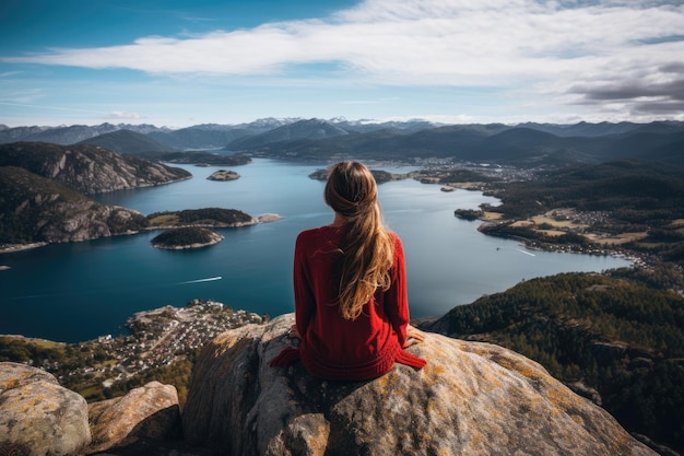 Unrecognizable woman sitting near the lake ai generated