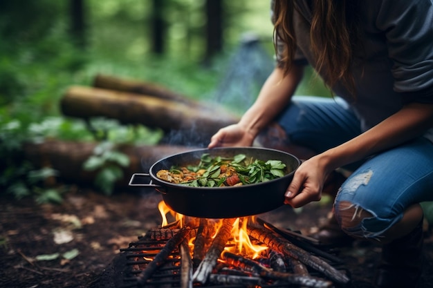 Unrecognizable woman tourist cooking on campfire in forest Concept Tourism Camping Survival Wildlife