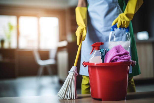 Photo unrecognizable woman with cleaning equipment ready to clean house cropped girl holding mop