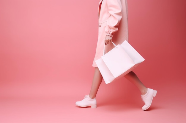 Unrecognizable woman with shopping bags moving in studio on pink background