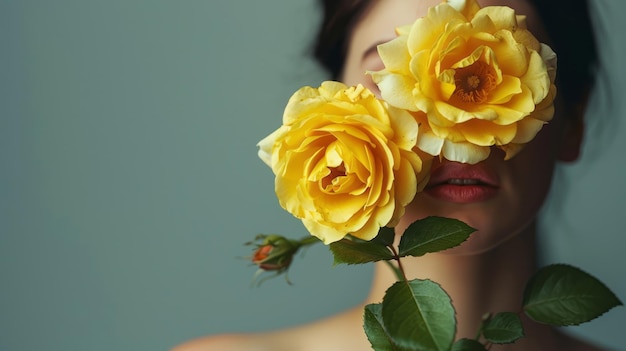 Unrecognizable Woman With Yellow Roses Against Gray Background