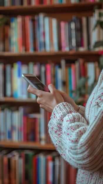 Unrecognizable womans hand holding and scrolling mobile phone next to a bookshelf Generative AI