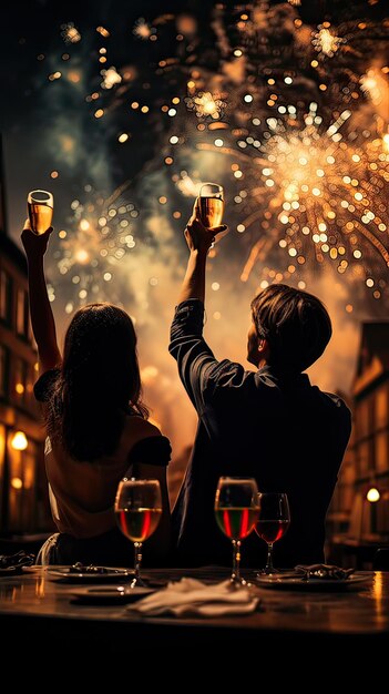 Unrecognizable young couple raising champagne glasses watching fireworks New Years Eve Generative AI