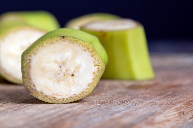 Unripe green banana cut into pieces