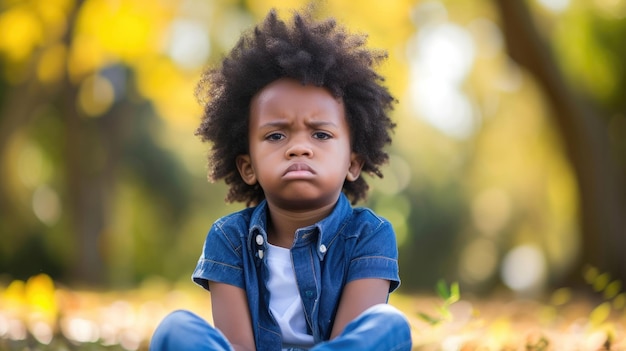 Unsatisfied African American child sitting in the park feeling bored