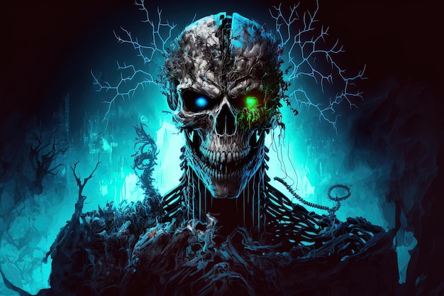 Unsettling cyborg undead monster artwork for Halloween created with AI