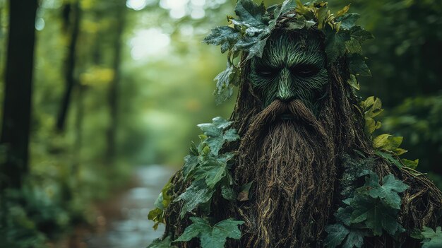 Unsettling Mythical Plant Man on a Forest Path Capturing the Eerie and Enigmatic Essence of Nature Perfect for Fantasy and FolkloreThemed Projects