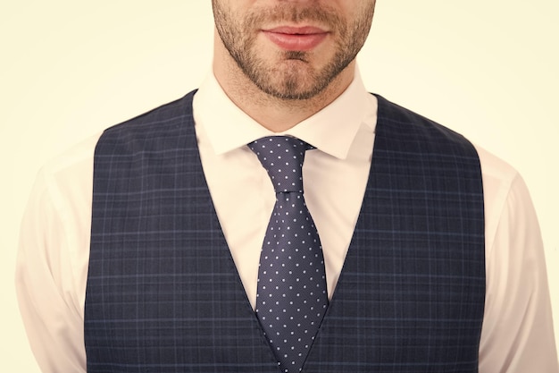 Unshaven male face chin and neck skin with bristle hair white collar with tie skincare