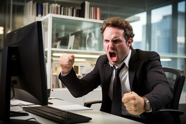 Unsmiling businessman gesturing in front of his computer