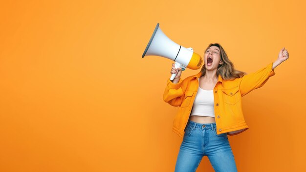 Photo unstoppable impact young woman screaming in a megaphone with copy space generative ai