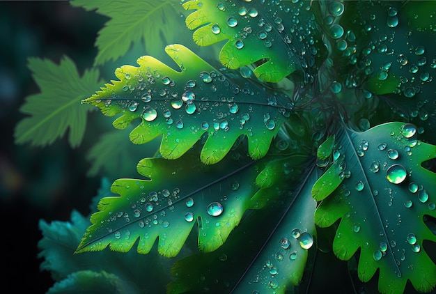 Untamed green leaves with a dew coating