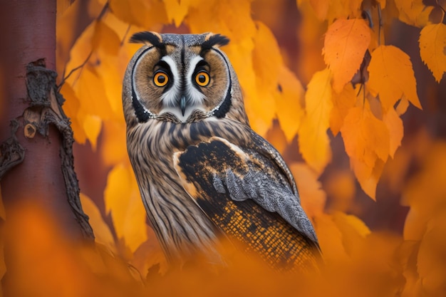 Untamed raptor Intense hues long eared owl Asio otus roosting among orange autumn leaves on birch looking directly at camera Photographing wildlife in a vertical image