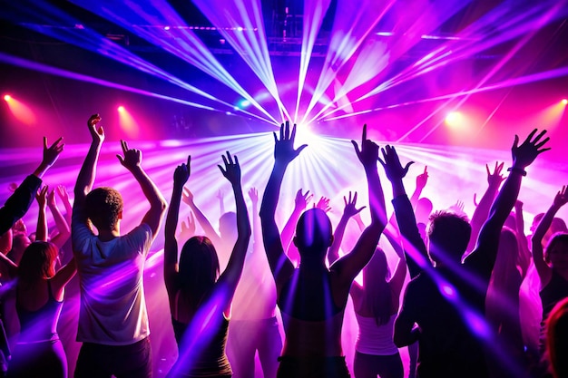 Photo until sunrise a crowd of people in silhouette raises their hands on dancefloor on neon light background night life club music dance motion youth purplepink colors