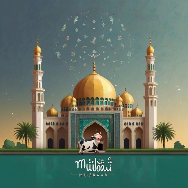 Untitled deEid Mubarak Mubarak with Mosque Cow Logo and colorful card design AI Generated