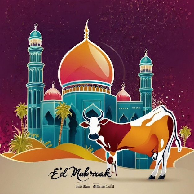 Untitled deEid Mubarak Mubarak with Mosque Cow Logo and colorful card design AI Generated