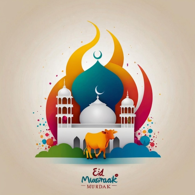 Untitled deEid Mubarak Mubarak with Mosque Cow Logo and colorful card design AI Generated