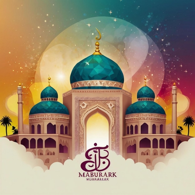 Untitled deEid Mubarak Mubarak with Mosque Cow Logo and colorful card design AI Generated