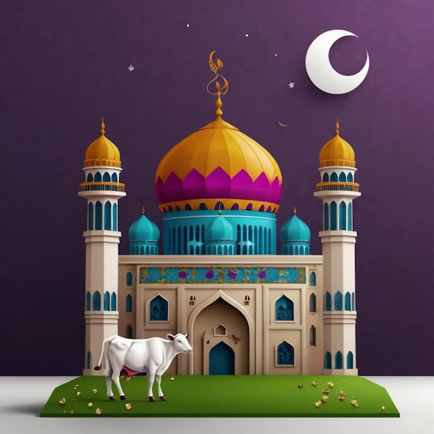 Untitled deEid Mubarak Mubarak with Mosque Cow Logo and colorful card design AI Generated