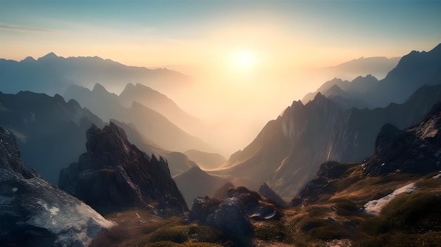 Untouched nature misty forest tranquil valley a captivating sunrise over the majestic mountain range in natures beauty