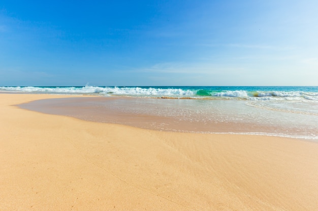 Untouched tropical beach in Sri Lanka with white sand and blue water