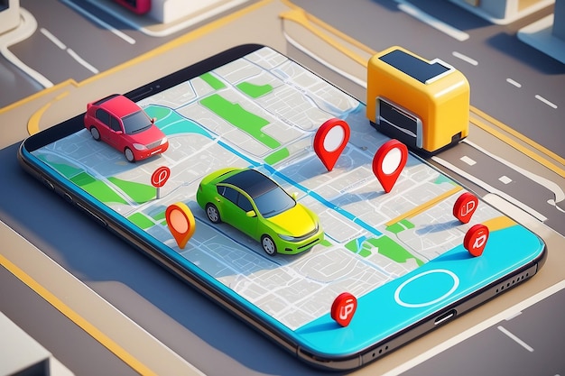 Unusual 3d illustration os smartphone application for online searching free parking place