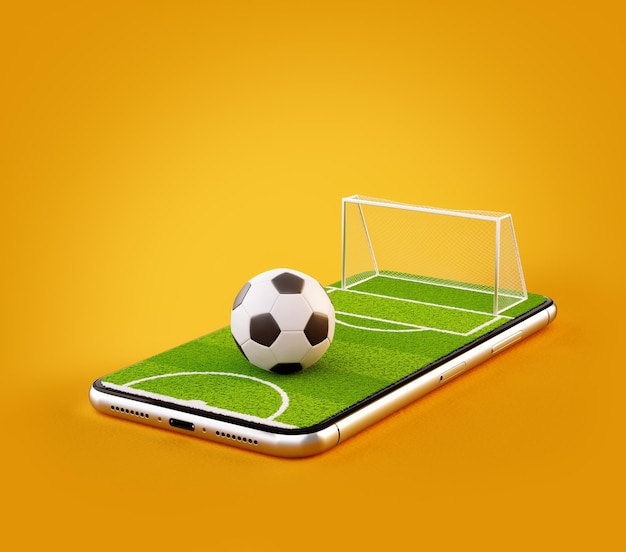 Unusual 3d illustration of a soccer field and soccer ball on a smartphone screen Watching soccer and betting online concept