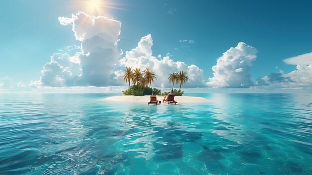 Photo unusual 3d illustration of a tropical island two young people lying