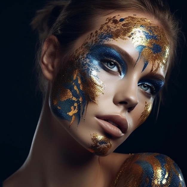 Unusual creative makeup beautiful womans face covered with gold and blue paint portrait closeup