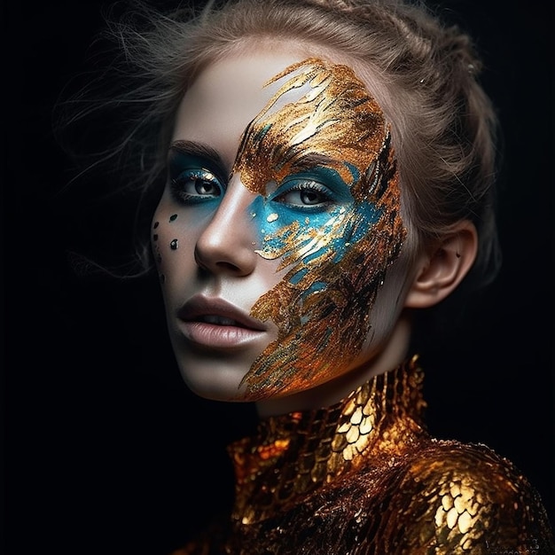 Unusual creative makeup beautiful womans face covered with gold and blue paint portrait closeup