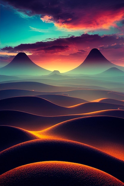 Unusual desert dunes under a contrasting saturated sky