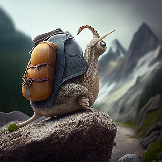 Unusual fantastic creature similar to snail with backpack on its back on rock with mountains