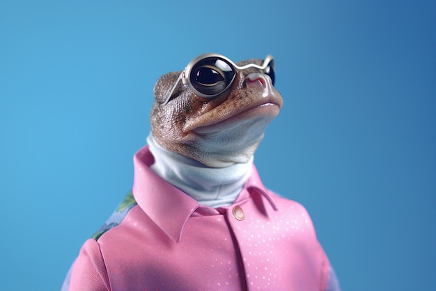 Unusual generative ai template collage of anthropomorphic frog wear fashionable clothes buy boutique sale discount on blue background