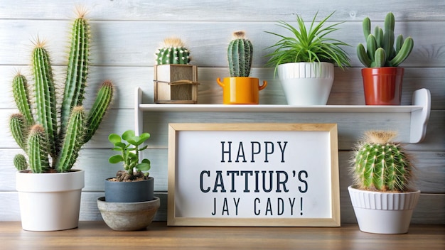 Photo unusual happy fathers day background crazy cactus father day greeting card potted cactus house plants on white shelf fathers day web banner