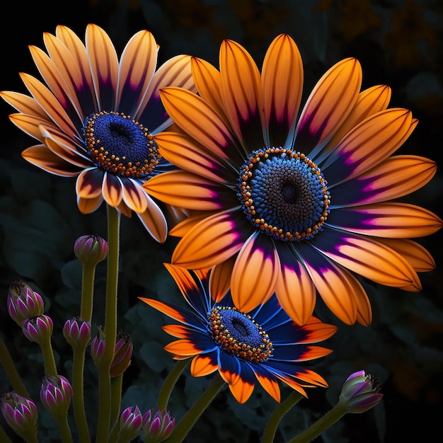 Unusual orange-blue daisies daisies close-up, beautiful bouquet on black background, lovely floral