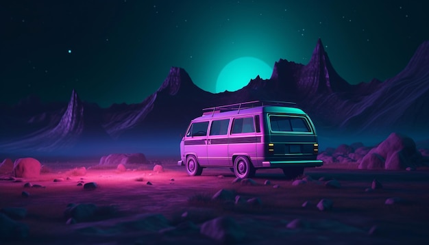 Unusual space travel concept vintage van in neon light on an unknown planet of the night starry sky background generated AI